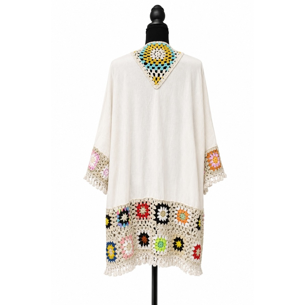 Umgee Boho Crochet Linen Blend Granny Square Kimono Cardigan Women‎ XL Beige - Picture 2 of 4